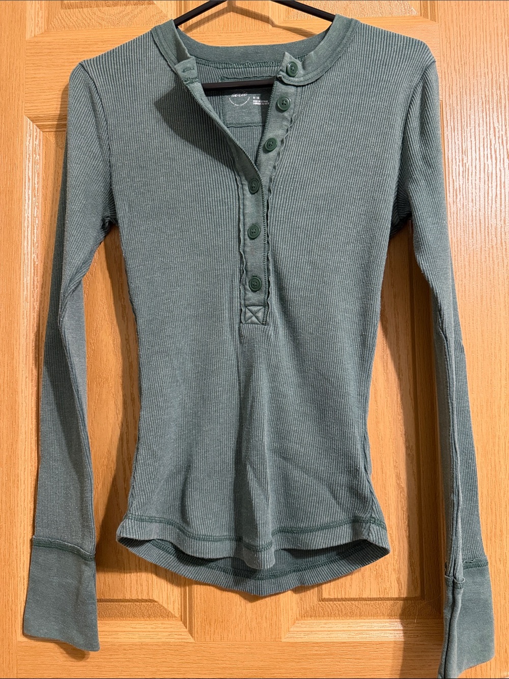 aerie Girls' Long-Sleeve Ribbed Henley Top - Pine Green